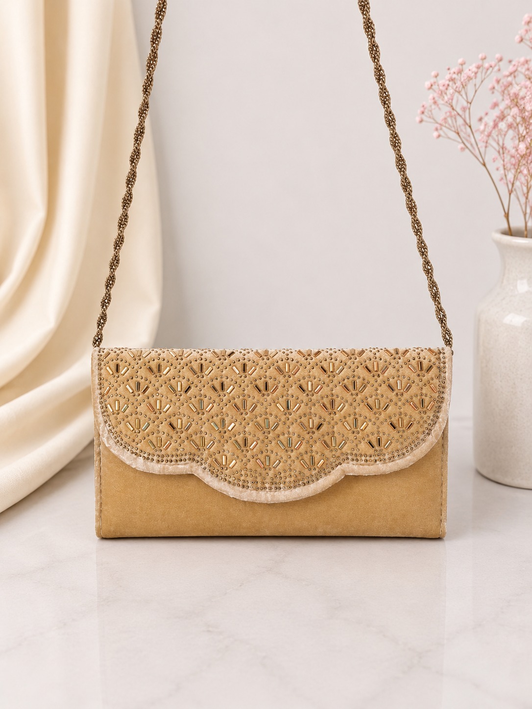 Imported Women's Embellished Clutch Sling Bag – Champagne Gold